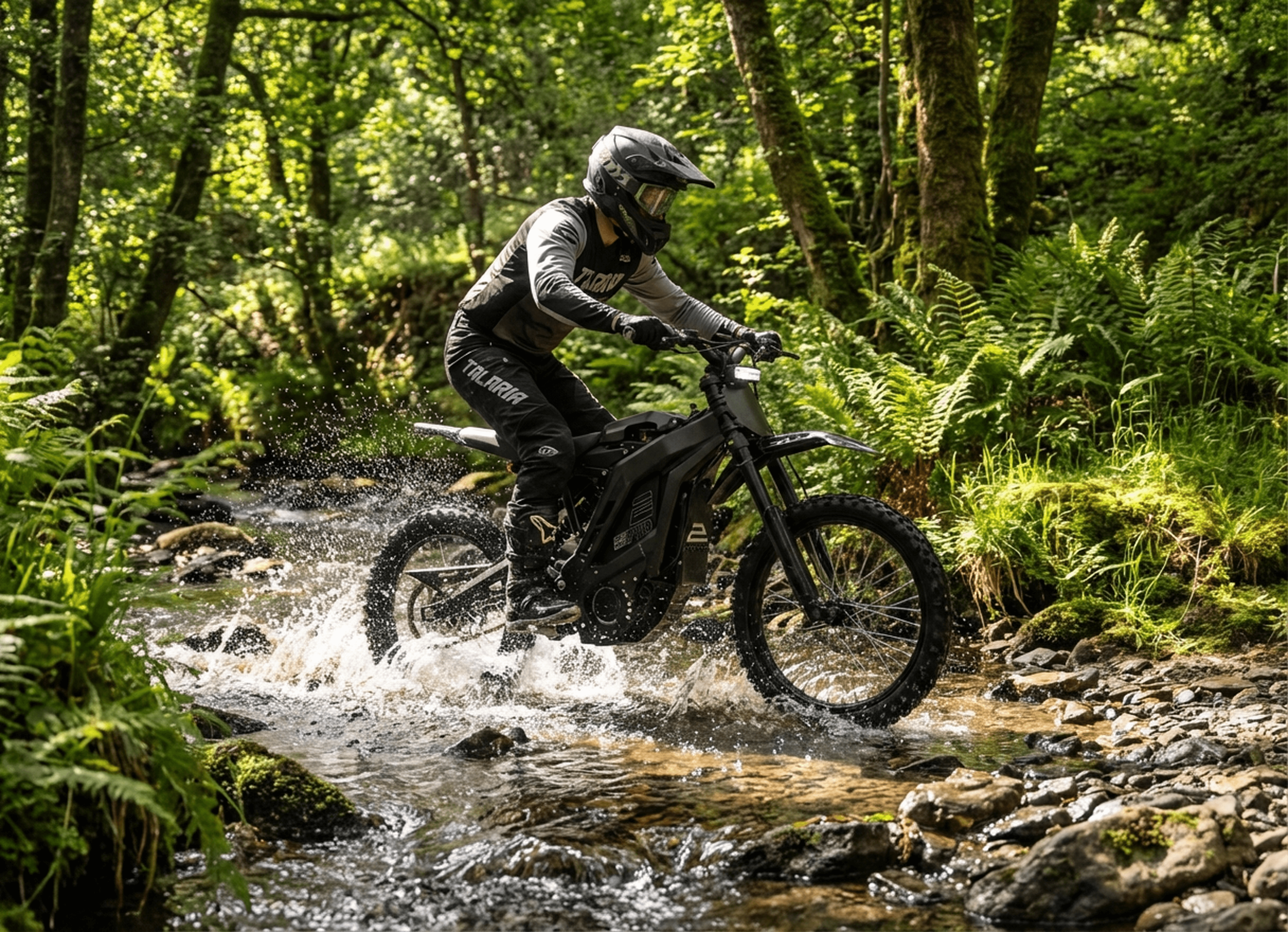 E Ride Pro SR crossing a forest stream with suspension visible